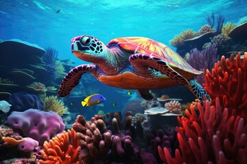 Vibrant Sea Turtle Gliding Through a Coral Paradise in the Depths of the Ocean. Generative AI