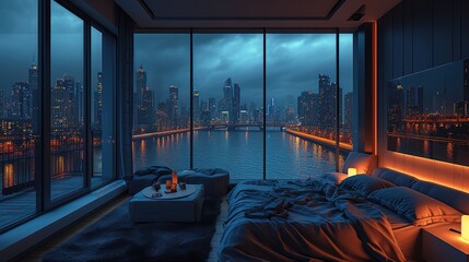 A very dark and gloomy penthouse bedroom with big modern window view of a big city skyline, River running through the city, Midnight. Generative AI.