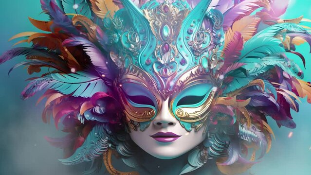 Mardi Gras overhead background with colorful masks and beads with copy space