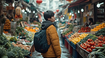 A young Chinese person is strolling around the vegetable market. Generative AI. - obrazy, fototapety, plakaty