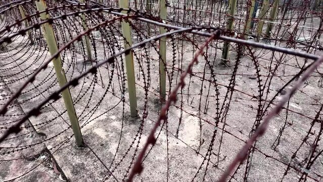 Rows of barbed wire fences symbolizing imprisonment, control, or the somber history of concentration camps, without any visible people or specific holiday reference