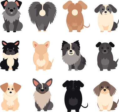 The image displays a collection of various cute cartoon-style dogs sitting calmly, vector illustration.
