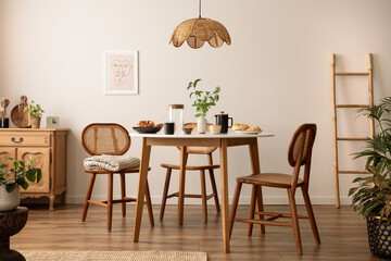 Interior design of dining room with round table, rattan chair, wooden commode, poster and kitchen accessories. Beige wall with mock up poster. Home decor. Template. - obrazy, fototapety, plakaty