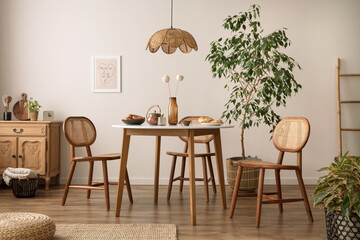 The creative composition of dining room with round table, rattan chair, wooden commode, poster and kitchen accessories. Beige wall with mock up poster. Home decor. Template. - obrazy, fototapety, plakaty
