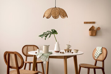 The stylish dining room with round table, rattan chair, lamp and kitchen accessories. Green leaf in vase.  Beige wall. Home decor. Template. - obrazy, fototapety, plakaty