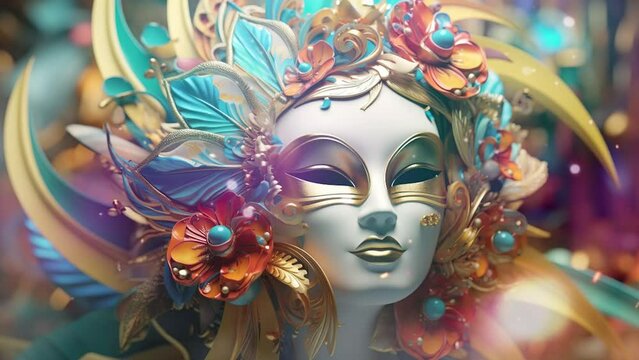 Mardi Gras overhead background with colorful masks and beads with copy space