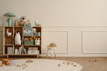 Interior design of kid room interior with copy space, wooden sideboard, round rug, beige wall with...