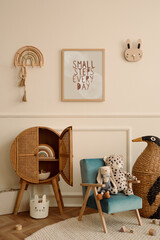 Minimalist composition of kid room interior with mock up poster frame blue armchair, plush toys,...