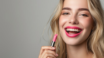 makeup woman brush lips lipstik on studio background