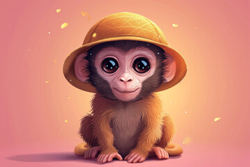 cartoon monkey wearing a hat - obrazy, fototapety, plakaty