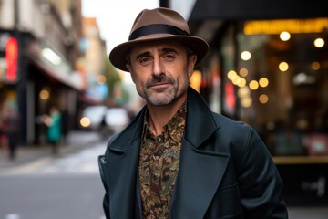 Handsome mature man wearing a hat and coat walking in the city.