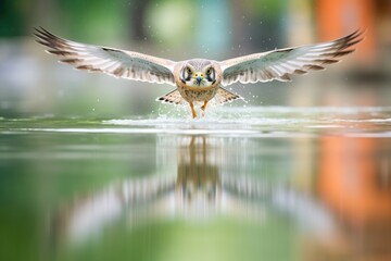 kestrel hovering by water reflection