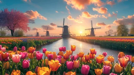 Tuinposter Multi-colored tulips in the foreground, In the background there are windmills. Generative AI. © visoot