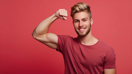 Young strong sporty toned sportsman man isolated on plain red background. Workout sport fit body concept - obrazy, fototapety, plakaty