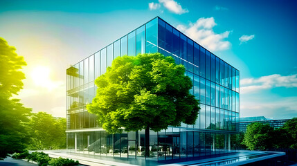 Glass building with tree in front of it and blue sky in the background.
