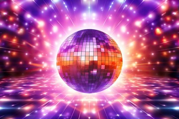 Obraz premium Disco or mirror ball with rainbow on colorful background with lights and sparkles. Music and dance party background. Trendy party symbol. Abstract retro 80s and 90s concept