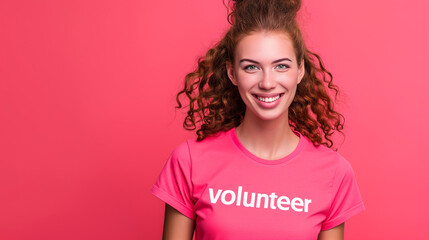 Happy teen girl volunteer looking at camera isolated on studio background. Volunteering charity helping services recommendation concept. Closeup headshot portrait.