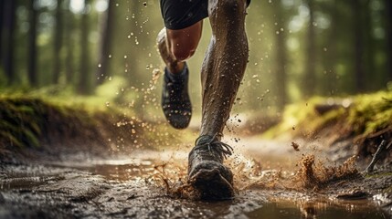 Person running in the forest. Runners who run in the forest have a lot of mud splashing on their shoes. Trail running