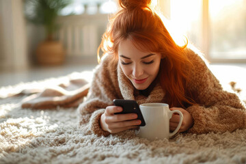 Redhead woman sitting by the fireplace in white sweater, drinking coffee in cozy home.