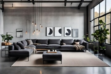 minimalist living room interior with gray walls, a concrete floor, and gray sofas, showcasing an industrial, concrete, or loft style.