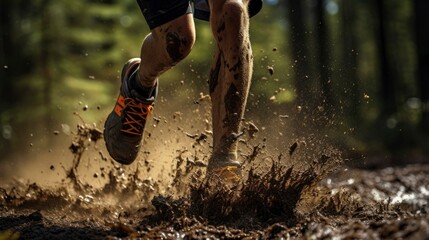 Person running in the forest. Runners who run in the forest have a lot of mud splashing on their shoes. Trail running - obrazy, fototapety, plakaty