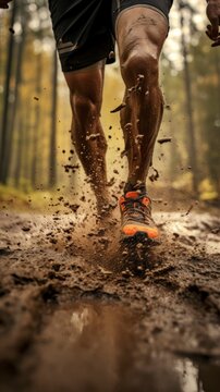 Person running in the forest. Runners who run in the forest have a lot of mud splashing on their shoes. Trail running
