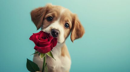 Little Valentine Flower: Pup Begs Pardon With Rosy Remorse ,generated by IA - obrazy, fototapety, plakaty