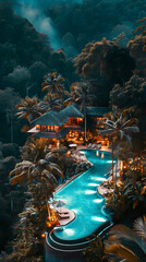 Fototapeta na wymiar Luxury villa with swimming pool at night, aerial view