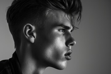 Young American male model in a minimalist fashion style, against a clean, simple, monochromatic background.