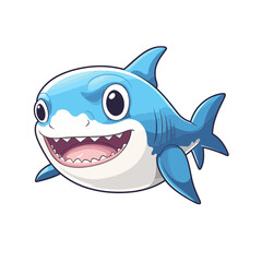 Cartoon illustration of a blue shark with a big, toothy grin. Adorable shark cartoon, a cute illustration shark with wide eyes and a friendly playful pose.
