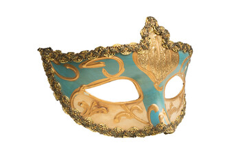 Blue and gold venetian carnival mask isolated, 45 degree angle