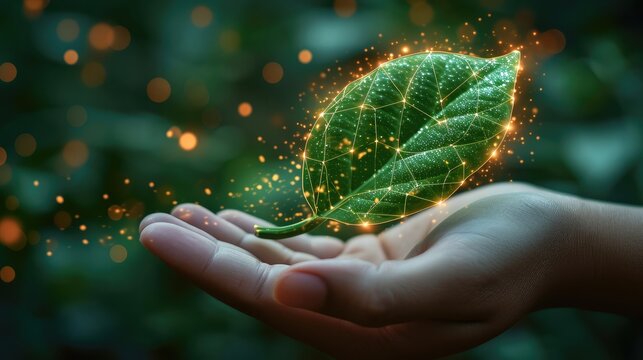 A futuristic technological infinity icon in leaf shape in hand, Green background, Copy space. Generative AI.