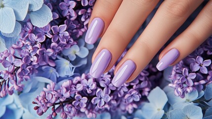 Photos of the design of purple nails on the hands, advertising the color of the nails - obrazy, fototapety, plakaty