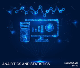 analytics and statistics hologram. Analytics and statistics consists of polygons, triangles of points and lines. The analytics and statistics icon with a low-poly connection structure.
