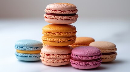 A stack of colorful macarons setting on a completely white background. Generative AI.