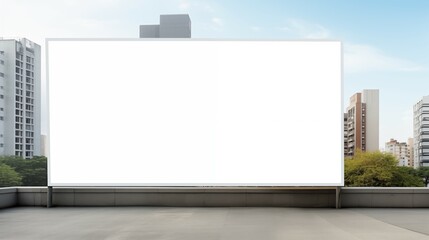A blank white billboard on a city street with a commercial building in background. 