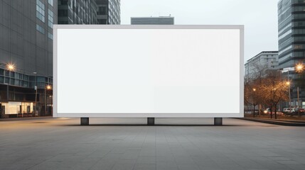 A blank white billboard on a city street with a commercial building in background. 