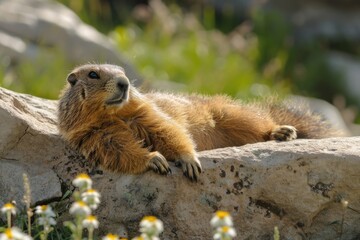 Fototapeta premium Tarbagan marmot( Marmota camtschatica Pallas) is basking in the sun