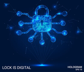 The digital key is a hologram. The high-tech lock consists of polygons, triangles of dots and lines. The icon is a digital key with a low-poly connection structure. Vector of the technology concept.