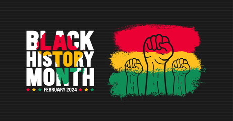 Black history month ink paint brush stroke flag with colorful lettering typography and protest power strong hand raised background. Celebrated February in united state and Canada. Juneteenth. Kwanzaa.