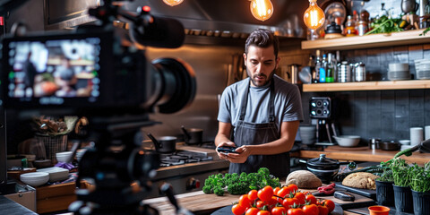 Food local content creator in front of a camera. Blogger recording streaming on social media and networks.