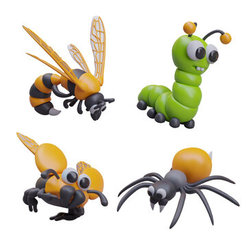 3D wasp, caterpillar, beetle, spider. Vector set of insects on white background. Study of environment. Characters for children educational games, applications