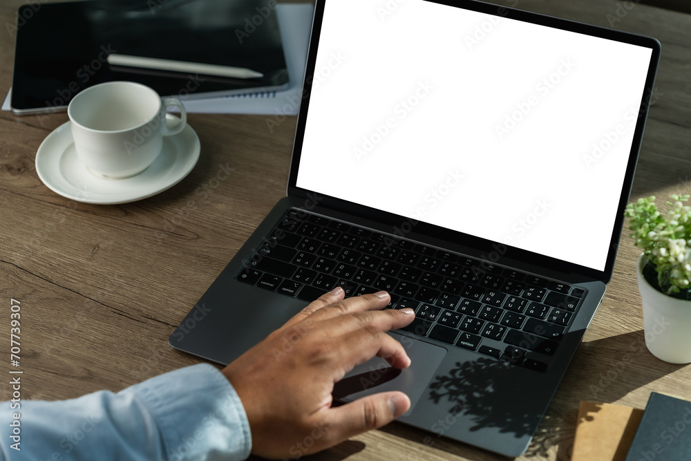 Poster mock up using laptop with blank screen computer modern