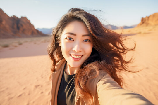 Cheerful young asian woman taking selfie in a desert