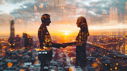 Business Partners Shaking Hands Against Urban Skyline. Silhouettes of people. Love in the modern world. Business relations.