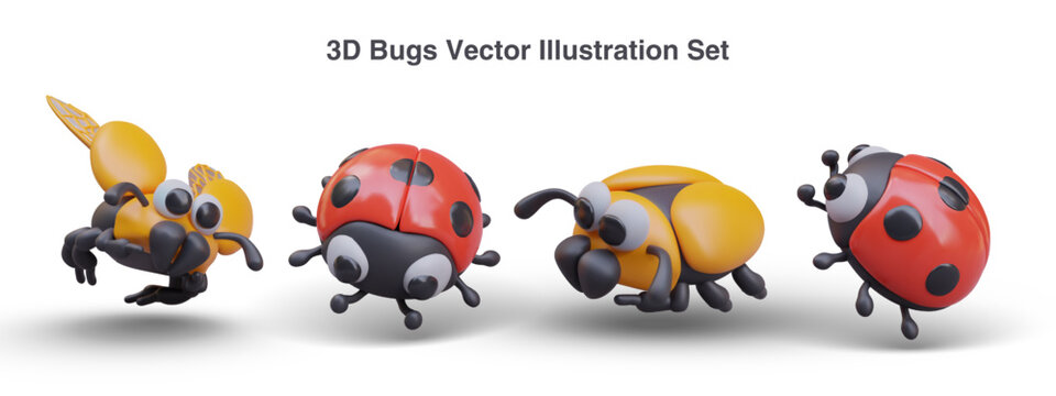 Set of different realistic bugs in different positions. Cute scarab and ladybird with red torso. Models of bug toys for game. Vector illustration in 3d style