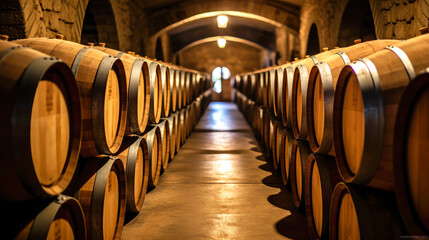 Old wooden oak barrels in underground cellars for aging wine or whiskey, vintage barrels and barrels in an old cellar: ideal storage for aging delicious wine. Cognac