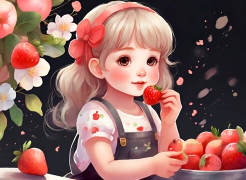 Girl eating fruit in a background of beautiful colorful flowers and fruits