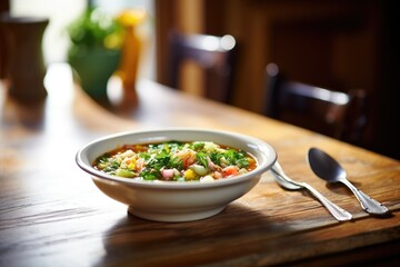 bowl of minestrone with spoon on wooden table