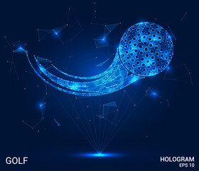 A golf hologram. A golf ball made of polygons, triangles of dots and lines. Golf is a low-poly compound structure. Technology concept vector.